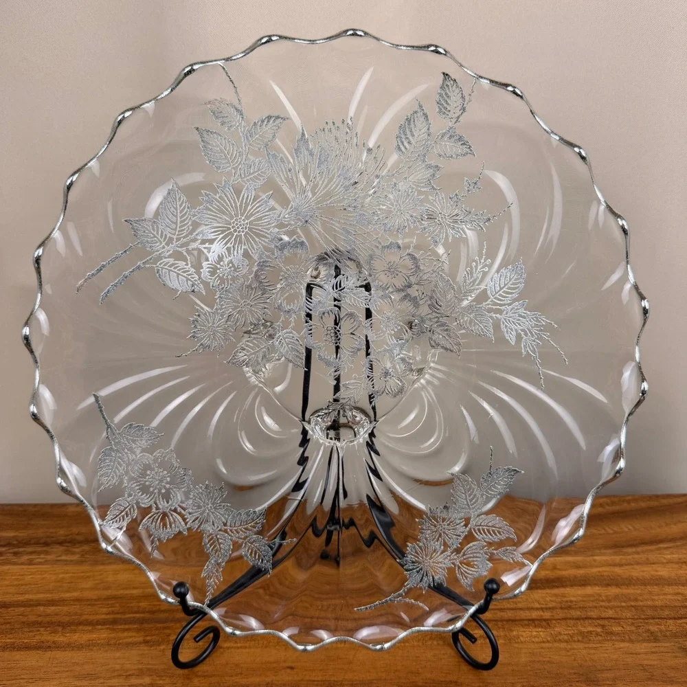 Cambridge Silver City Glass Cake Plate Sterling Silver Overlay Floral 12.25in